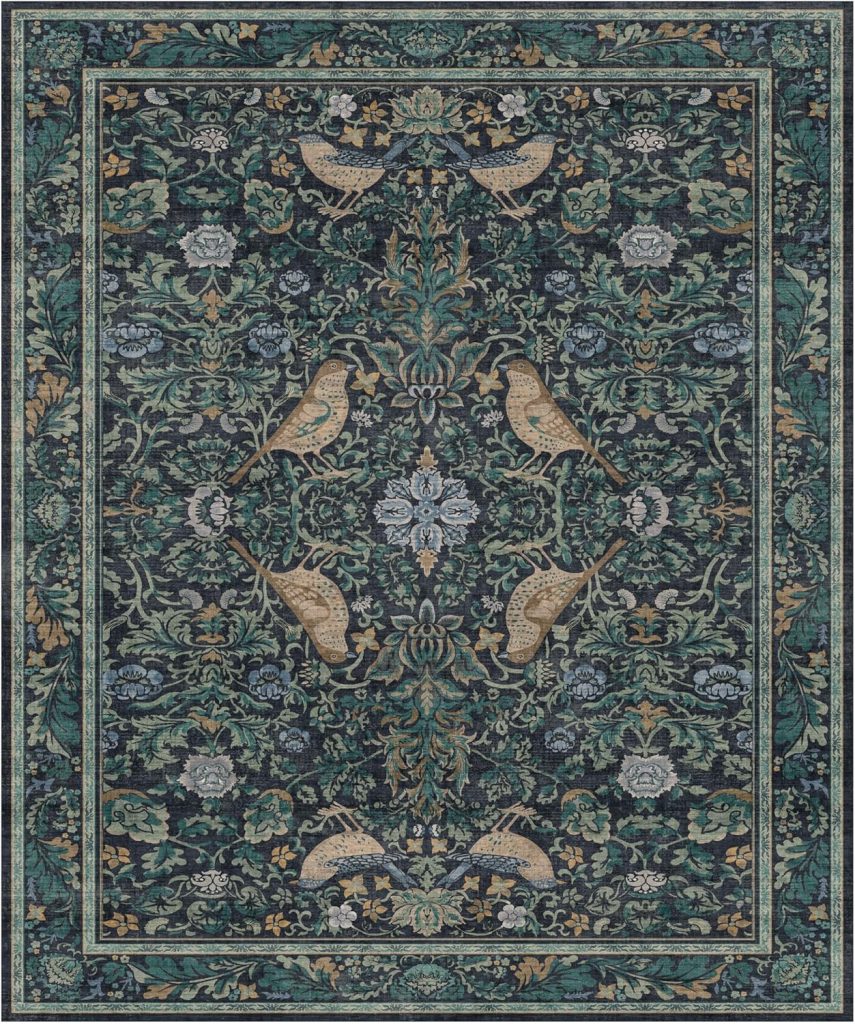 Blue cottagecore 10x12 area rug with vintage-inspired pattern for a cozy living room decor setup