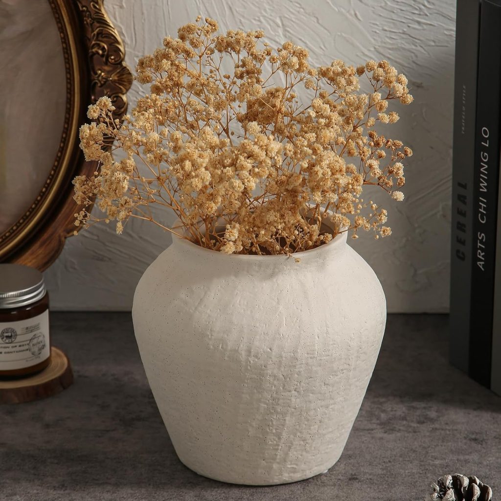 White farmhouse ceramic vase with vintage rustic texture for cozy neutral living room decor