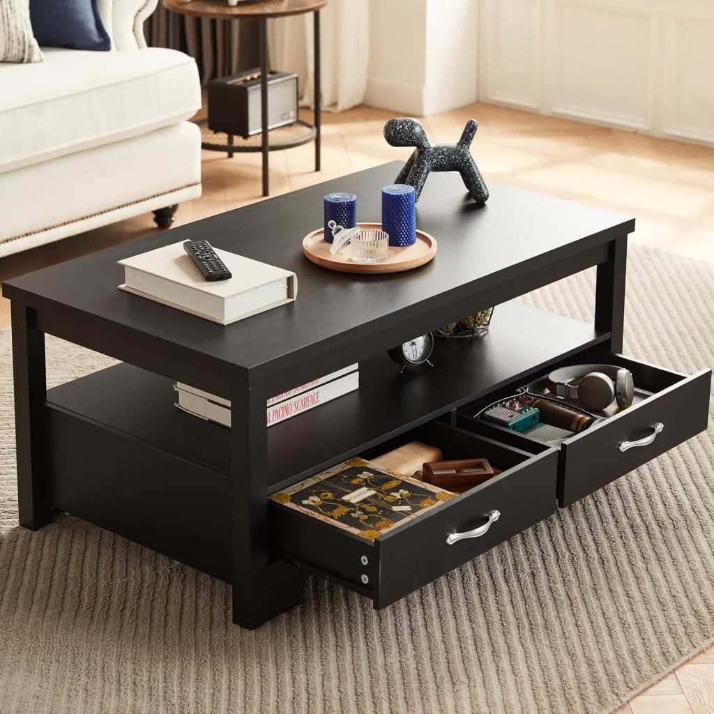 LINSY farmhouse rectangular coffee table with drawers for a cozy neutral living room decor setup