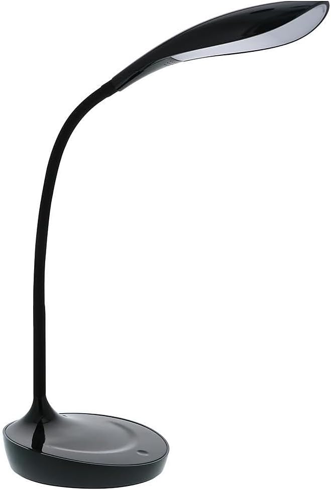 Black gooseneck LED desk lamp styled on a gray home office desk with ergonomic chair, triptych wall art, storage, and neutral decor.