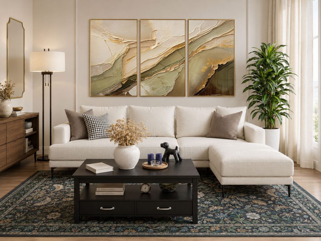 Elegant neutral living room with a cream sofa, three gold-framed transparent wall art mockups, black coffee table, botanical area rug, linen curtains, floor lamp, and indoor greenery.