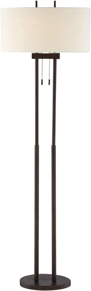 Franklin Iron Works Roscoe bronze twin pole floor lamp with white fabric shade for a cozy neutral living room