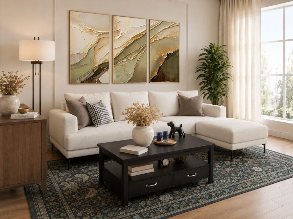 Angled view of a modern beige living room with a cream sectional sofa, three tall gold-framed transparent art mockups, black coffee table, patterned area rug, linen curtains, floor lamp, and faux indoor plant.