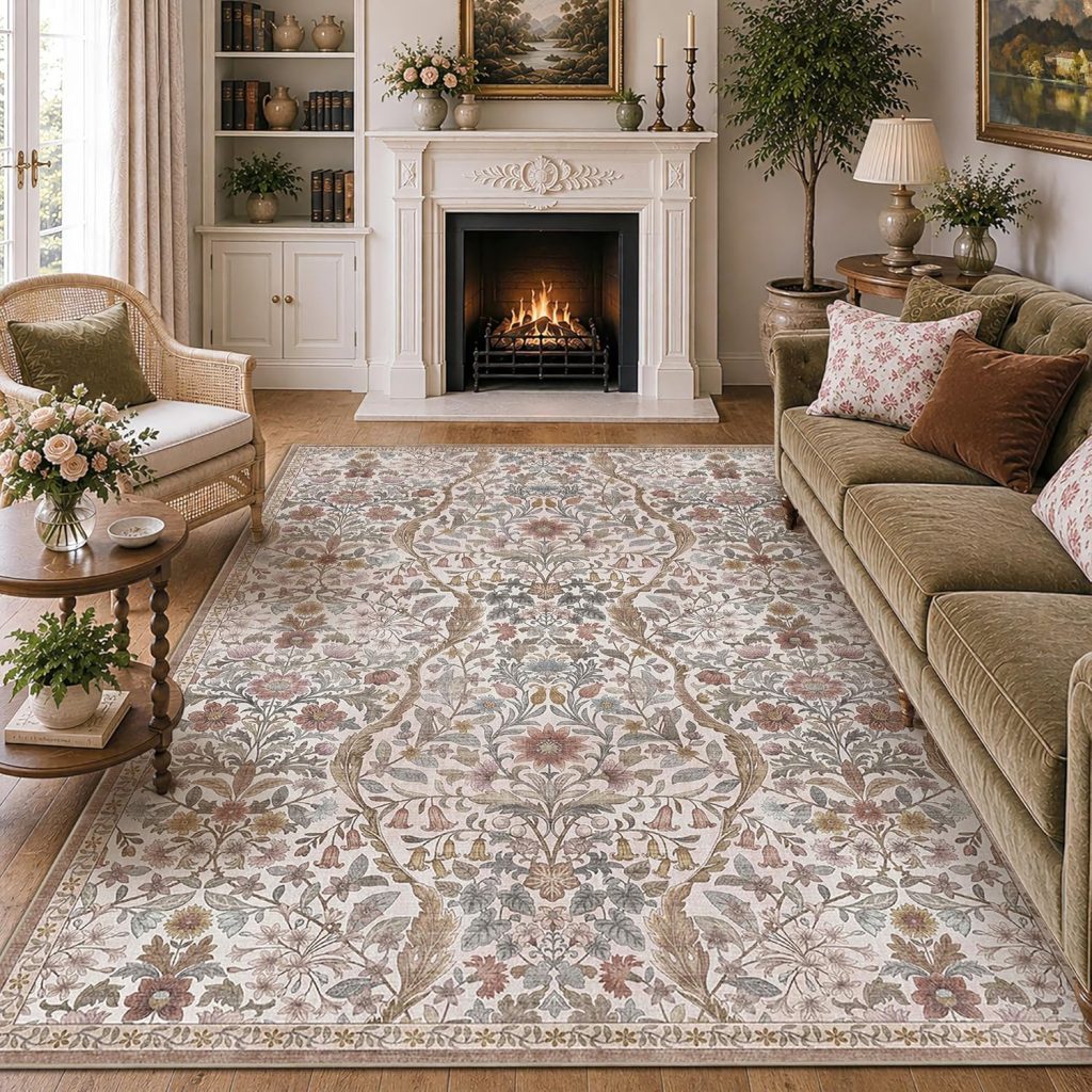 Washable vintage low-pile area rug styled in a cozy home office with gray desk, ergonomic chair, wood bookcase, plant, and triptych wall art.