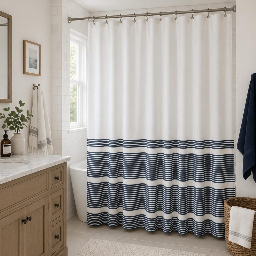 Serafina Home navy blue and white fabric shower curtain styled in a modern bathroom with wood vanity, round wall mirror, grey bathroom rugs, floating shelves, towels, and spa-inspired decor.