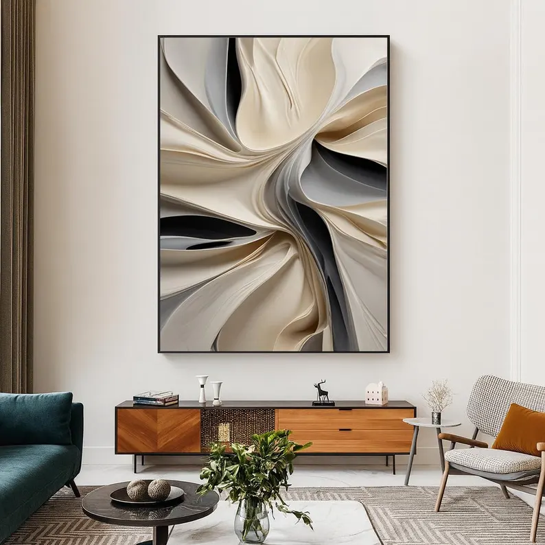 Small modern wall art styled in a cozy bathroom with floating shelves, wood vanity, round mirror, grey bathroom rugs, white shower curtain, towels, and spa-inspired decor.