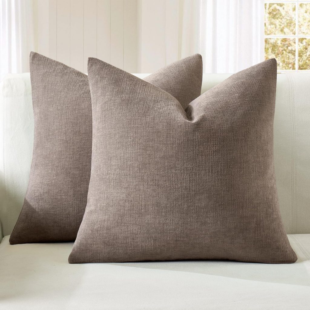 MIULEE brown chenille throw pillow covers on a sofa for cozy neutral living room decor