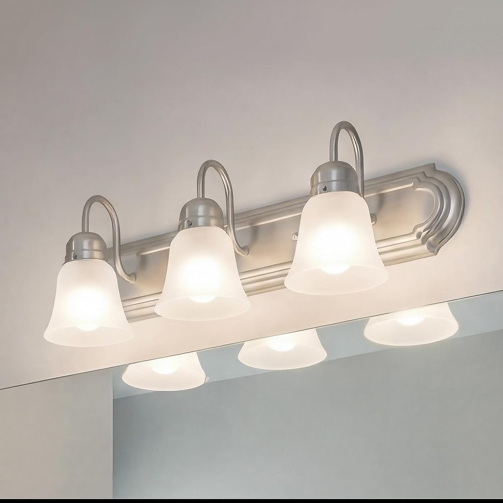 Kichler brushed nickel 3-light vanity bath light styled above a round wall mirror in a modern bathroom with wood vanity, grey rugs, floating shelves, and spa-inspired decor.