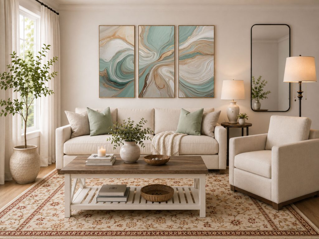 Neutral living room decor ideas with sage green pillows, farmhouse coffee table, ivory rug, linen curtains, and triptych wall art.