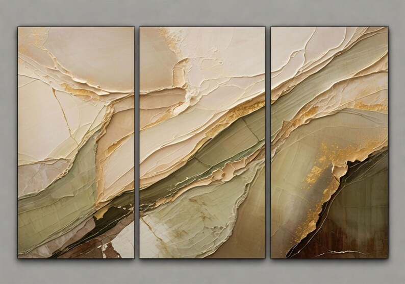 Neutral stone abstract triptych wall art with sage beige tones and layered mineral texture for elegant living room decor