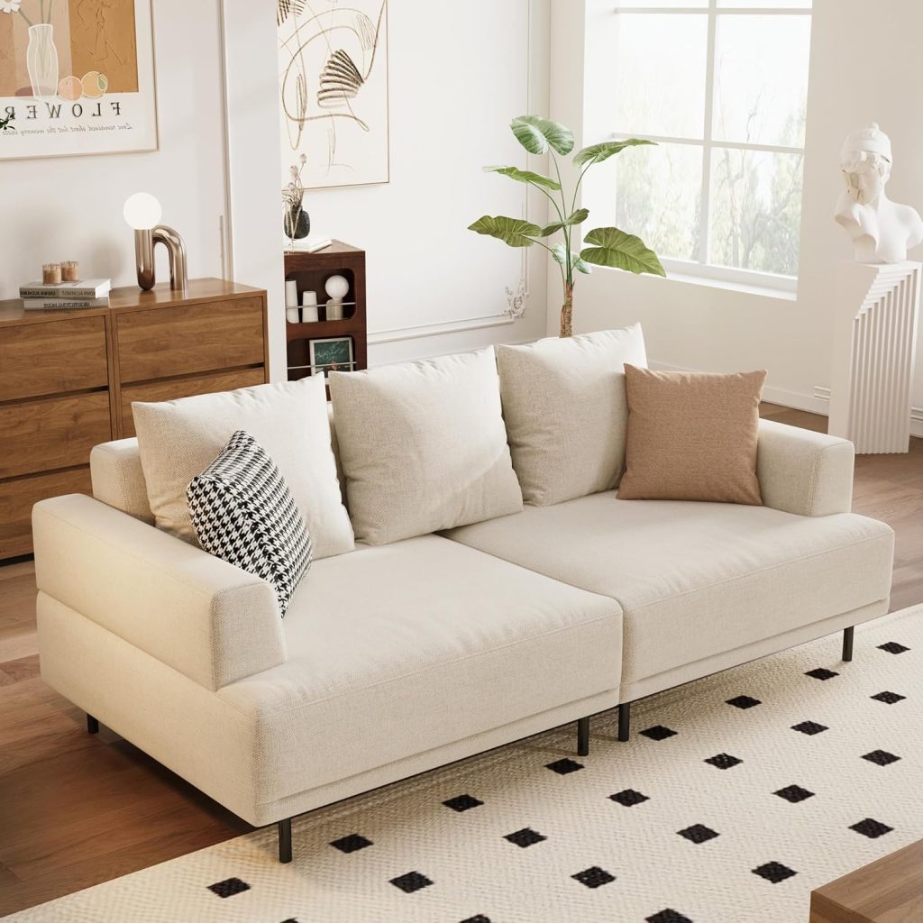 NessCarsti beige modular sectional sofa with mid-century modern fabric design for cozy neutral living room decor